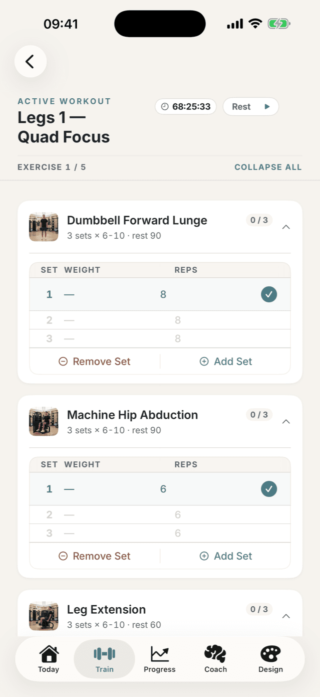 Actus workout screen — per-set weight and rep prescriptions